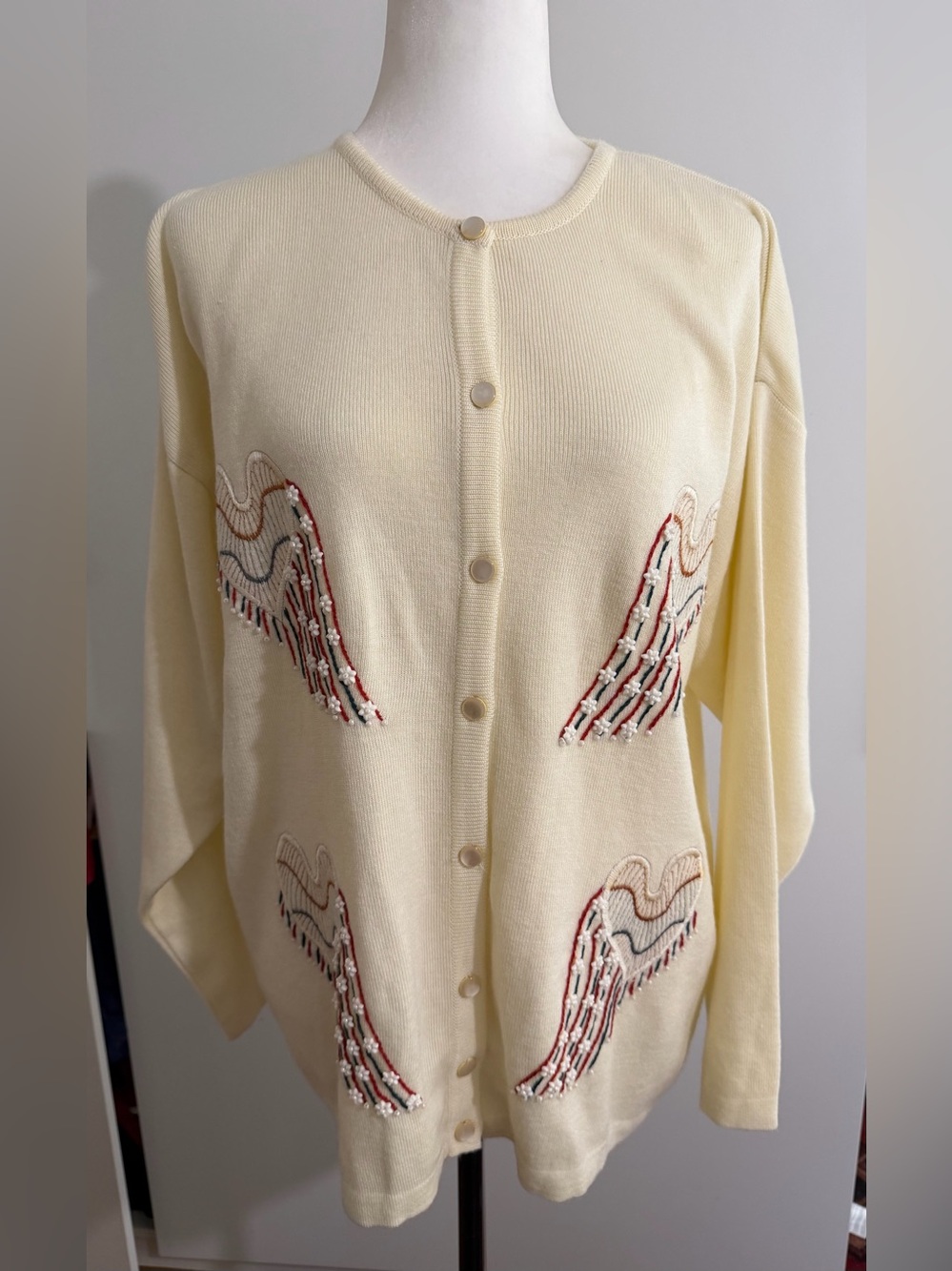 West Look London  Cream Embroidered Button-Front Cardigan - Med/ Large